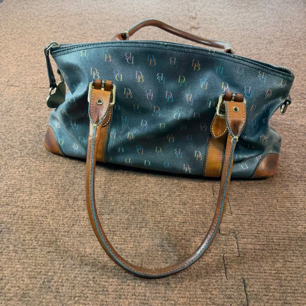C+ Dooney & Bourke Rainbow Monogram Black Satchel Bag Leather Trim Heart Charm